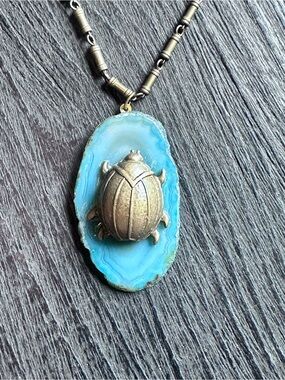 Anthropologie Scarab Beetle Blue Agate Slice Statement Necklace